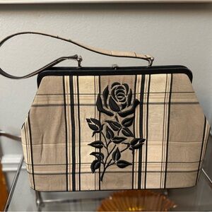 Isabella Fiore Black Rose on Beige Plaid Shoulder Bag